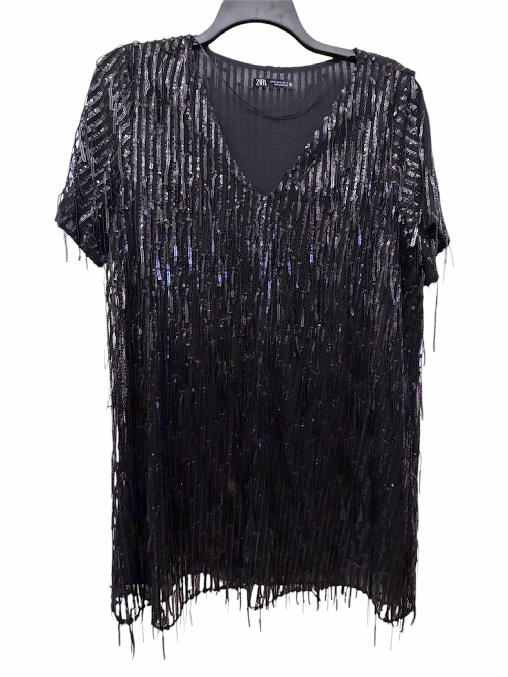 Zara Black Sequin Fringe V-Neck Tunic